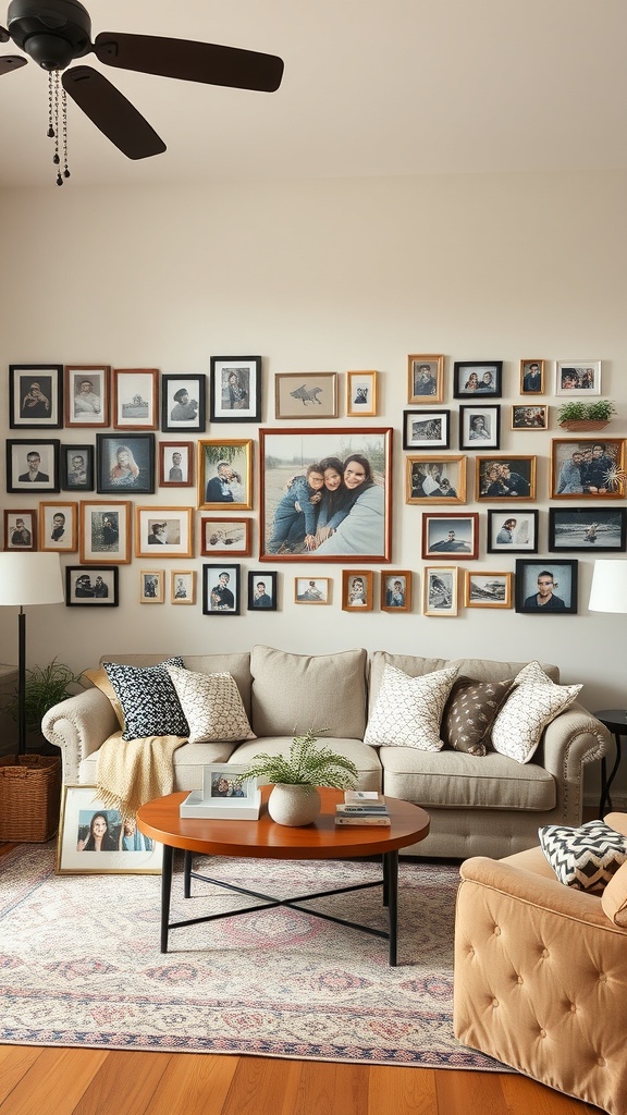 Cozy living room with a wall of family photos, a comfortable couch, and a coffee table.