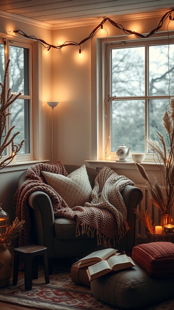 Cozy reading nook with soft lighting, featuring an armchair, blankets, and a small table.