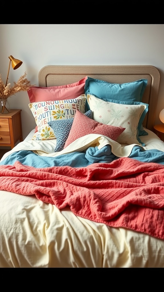 A cozy bed with colorful pillows and throws, showcasing a fresh and inviting look.