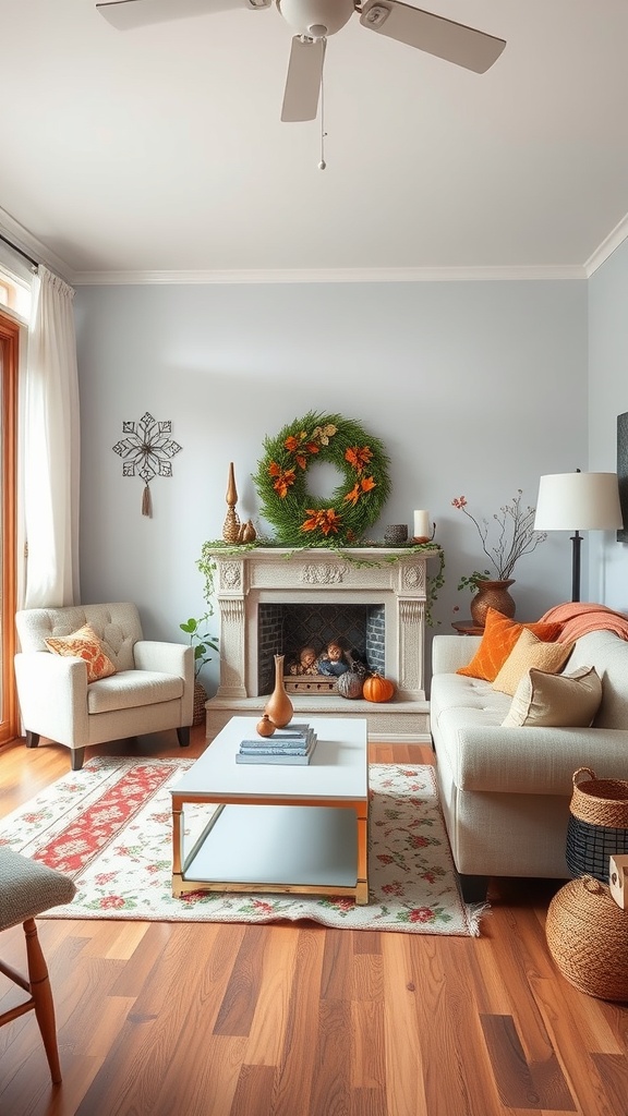 Cozy living room with seasonal decor, featuring a fireplace, wreath, pumpkins, and comfortable seating.