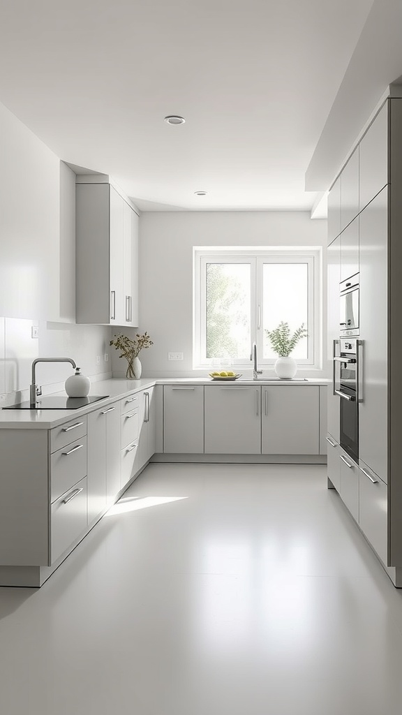 A modern minimalist kitchen with sleek cabinets and a bright window.