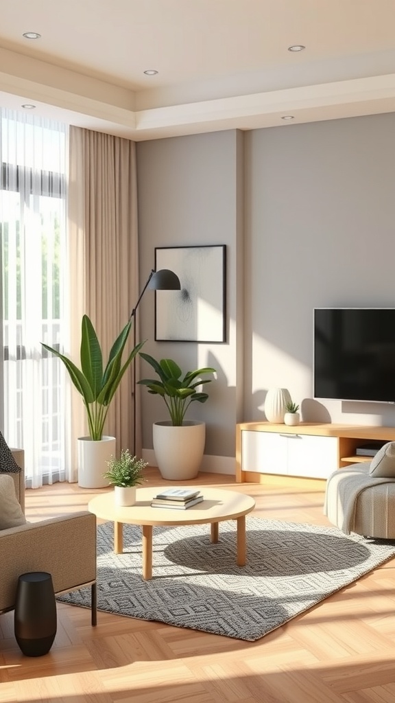 A modern living room with a TV, plants, and a cozy seating area, showcasing smart home technology integration.