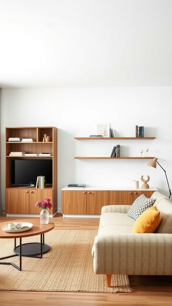 A modern living room with smart storage solutions including wooden shelves and cabinets.