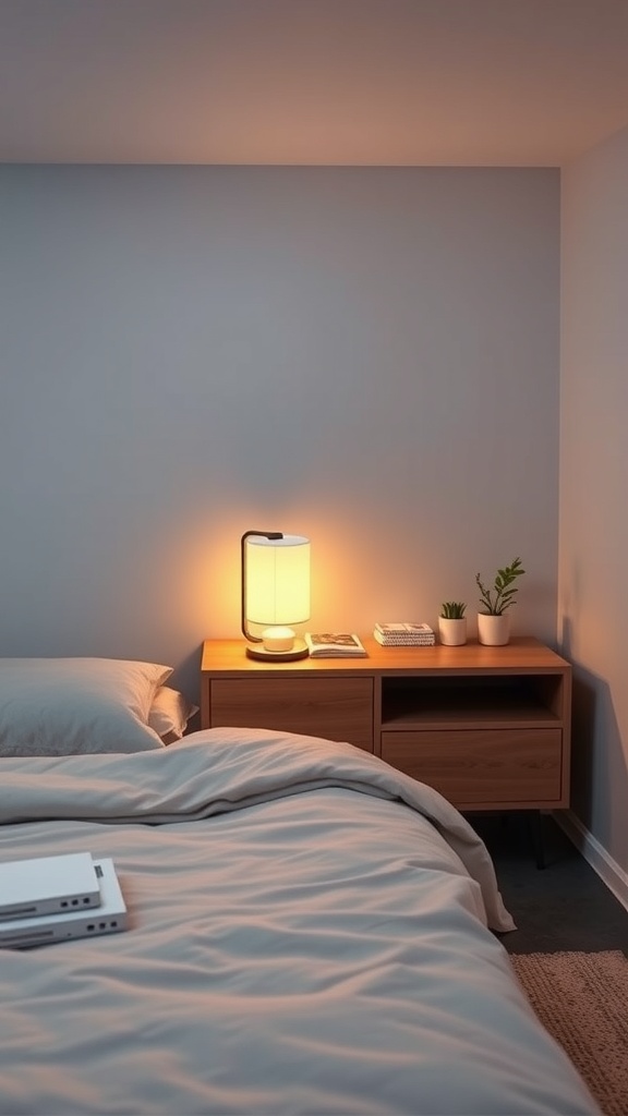 A cozy small bedroom featuring smart technology like a stylish lamp and a bedside table with plants.