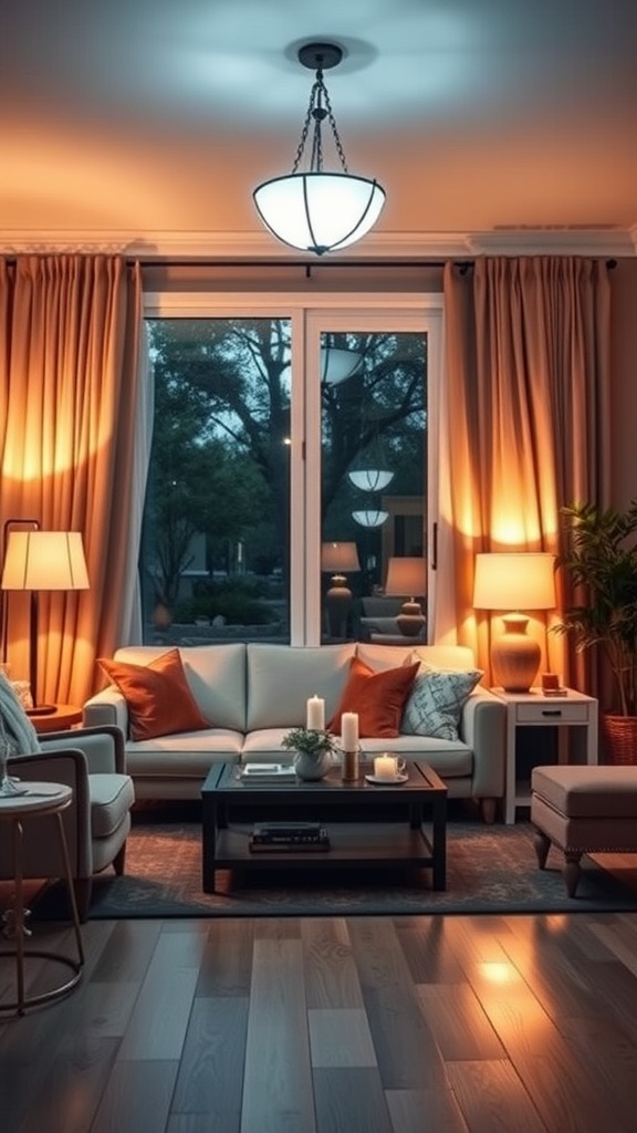 A cozy living room with soft lighting from lamps and candles, featuring warm curtains and cushions.