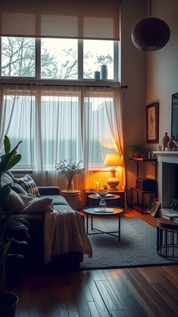 Cozy living room with soft lighting, plants, and a warm atmosphere.
