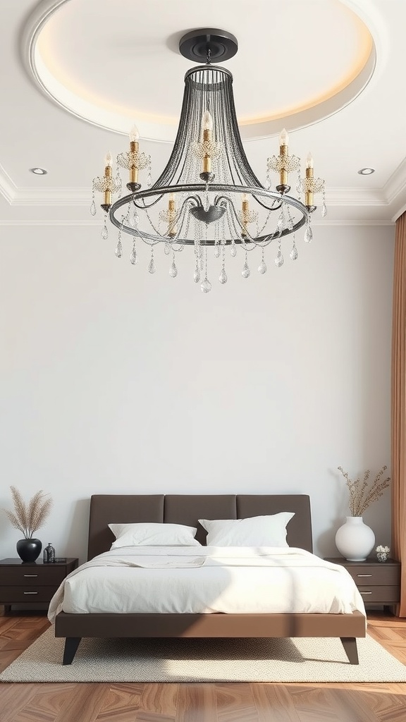 A stylish chandelier hanging in a modern bedroom, featuring a dark frame and crystal accents.