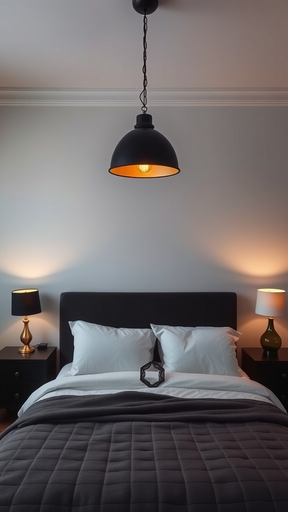 A masculine small bedroom featuring a black pendant light above a bed with white pillows and a dark gray blanket, complemented by gold and black table lamps.