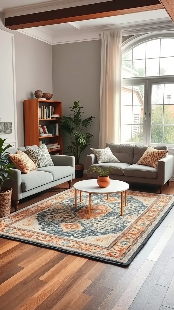 Cozy living room with gray sofas, a round coffee table, and a patterned rug.