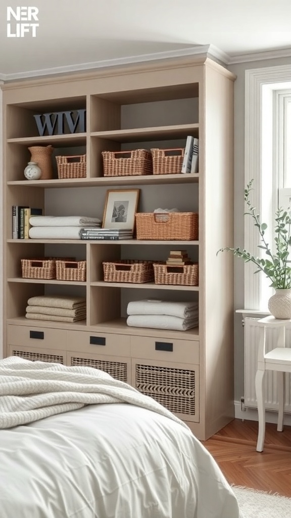 Stylish storage solutions in a Scandinavian bedroom featuring a light wood shelving unit with woven baskets and neatly folded blankets.