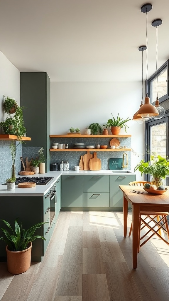 A modern kitchen featuring sustainable materials and finishes with plants and natural light.