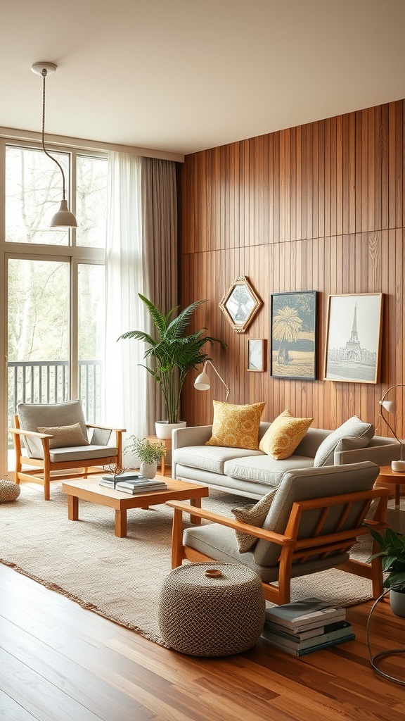 A modern living room featuring wooden walls, natural wood furniture, and eco-friendly textiles.