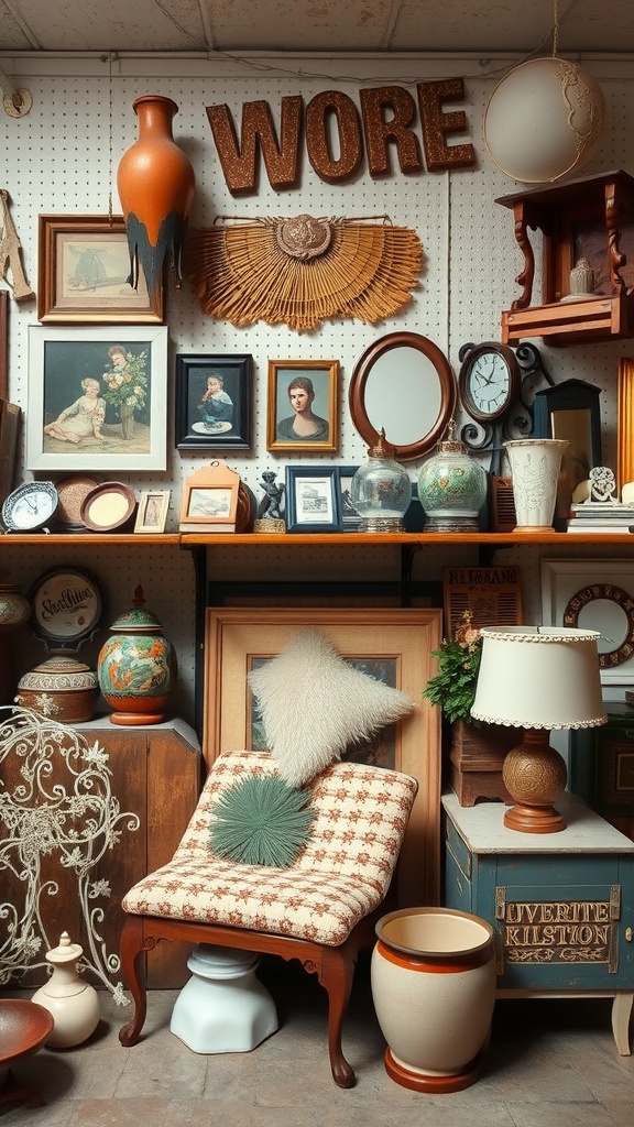 A cozy corner filled with vintage decor items including frames, a chair, and pottery.