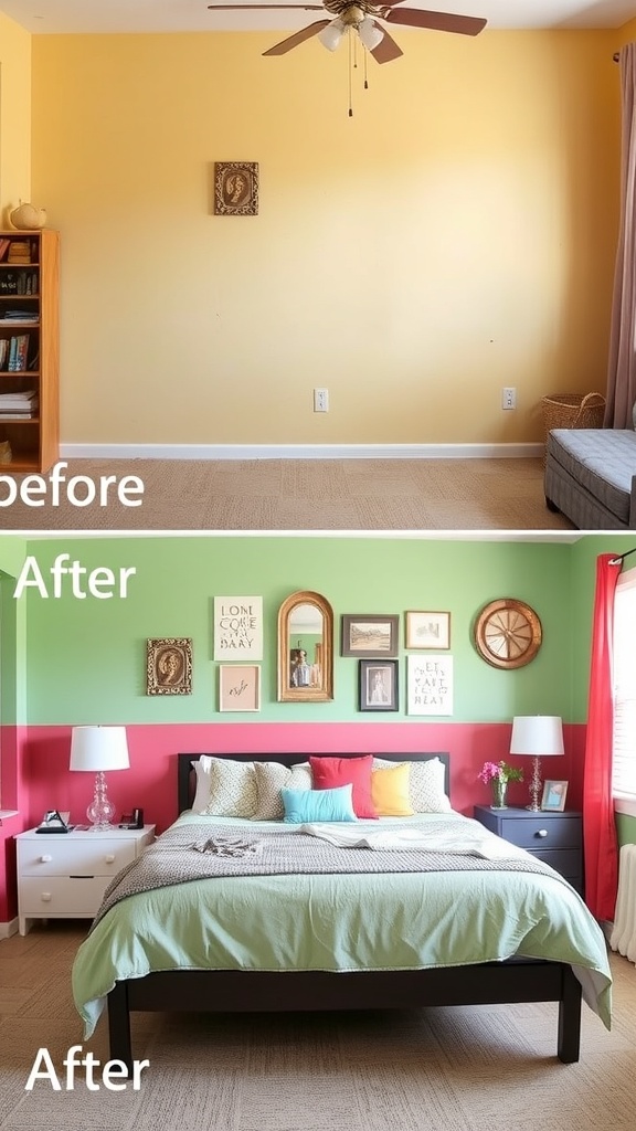 Before and after image of a bedroom makeover showing a yellow wall transformed into a green and pink color scheme.