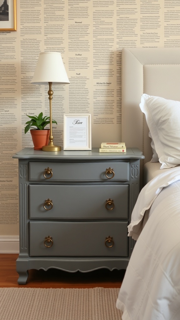 A stylish gray nightstand with gold hardware, a lamp, and a framed picture, set against a wall with text wallpaper.