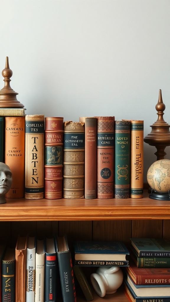 A cozy bookshelf featuring vintage books, elegant bookends, a decorative globe, and a bust.