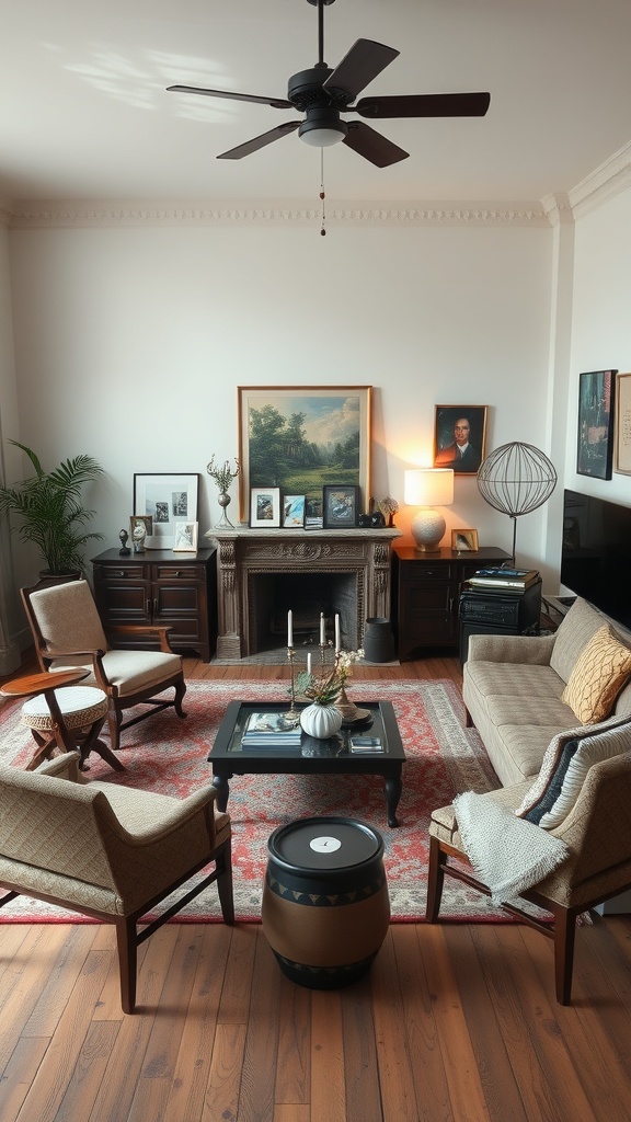 A cozy living room featuring vintage furniture, modern decor, and warm lighting.