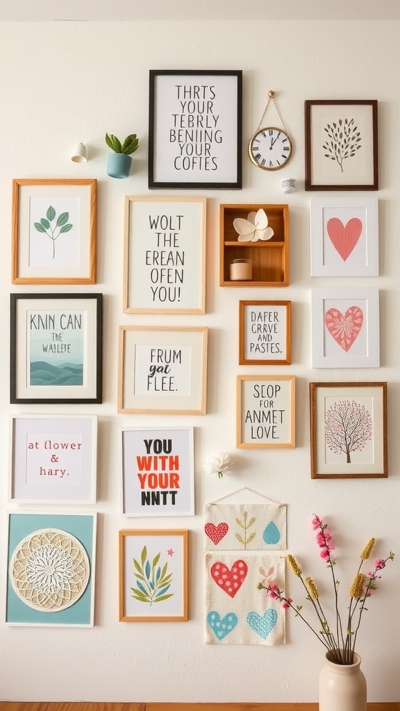 A creative gallery wall featuring various framed prints, decorative elements, and a vase with flowers.