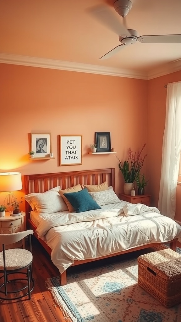 Cozy bedroom with warm peach walls, a wooden bed, and soft textiles, creating a serene reading space.