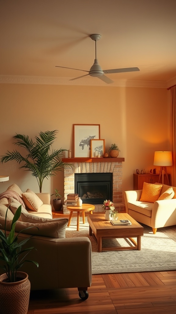 Cozy living room with warm color palette, featuring beige walls, wooden furniture, and a fireplace.