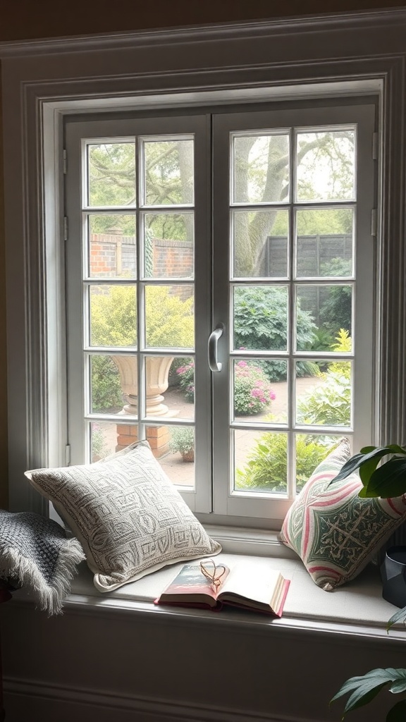 Cozy window seat with cushions and an open book, overlooking a garden.