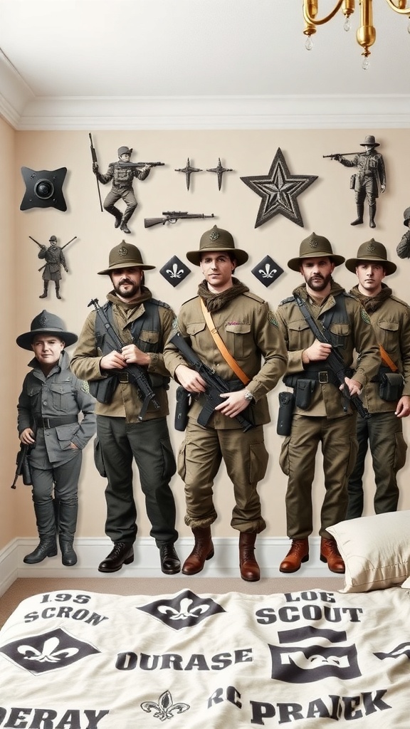 3D wall decals of Scout Regiment characters from Attack on Titan in a bedroom setting.