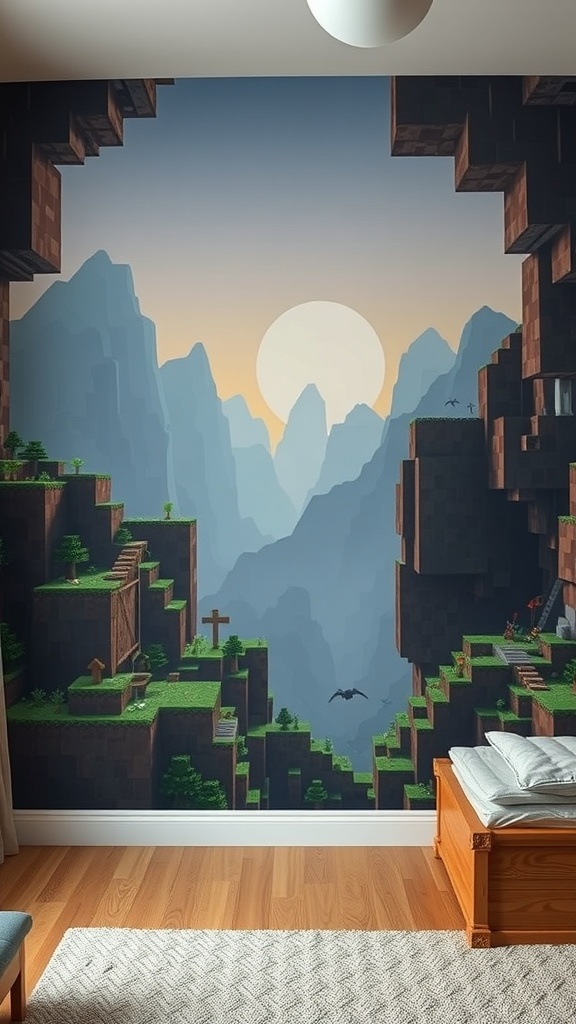 A Minecraft-themed wall mural depicting mountains and a sunset in a bedroom setting.
