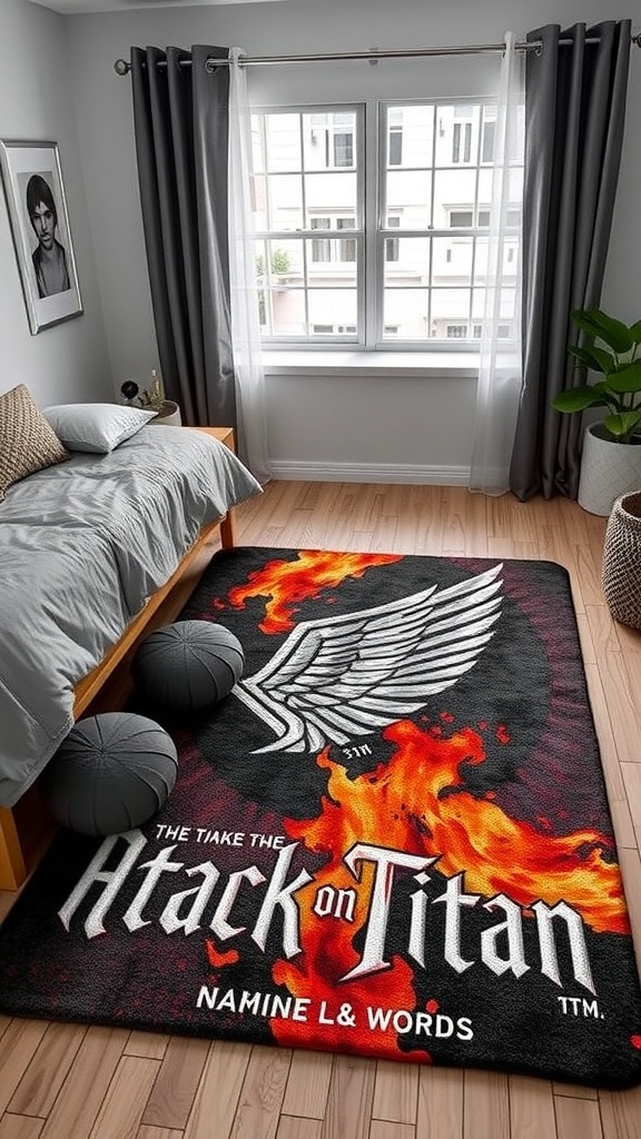 An Attack on Titan themed area rug featuring the show's logo and flames, placed in a stylish bedroom.