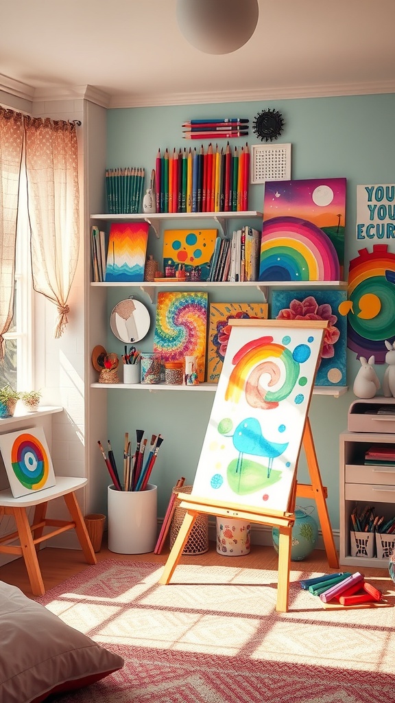 A colorful artistic corner in a teen girl's bedroom featuring an easel, vibrant paintings, and organized art supplies.