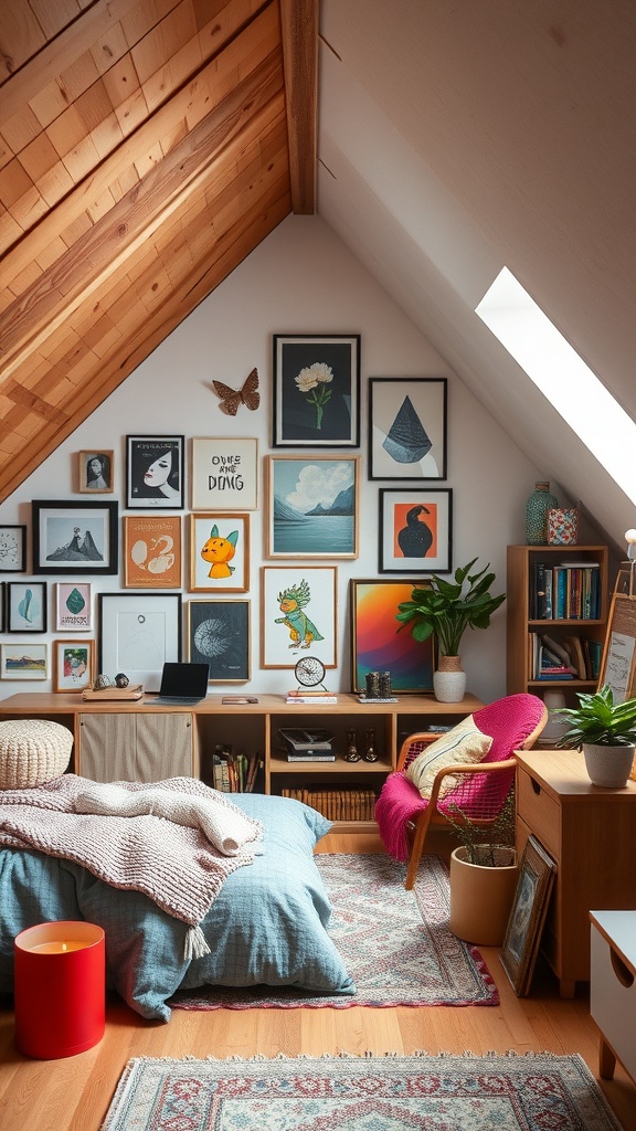 Cozy attic bedroom featuring a gallery wall with various artworks, a wooden ceiling, and comfortable furniture.