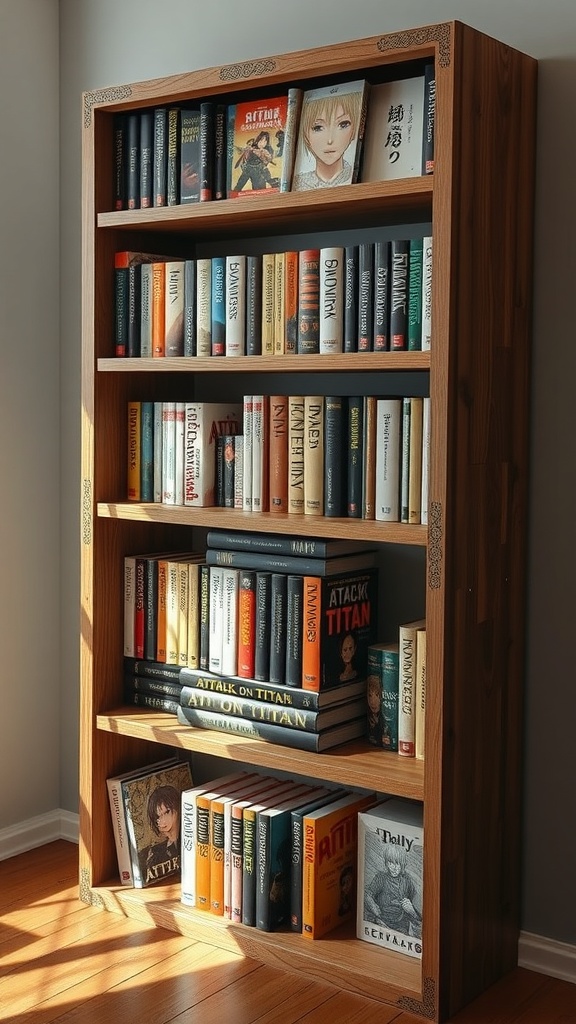 A wooden bookshelf filled with Attack on Titan manga and related books, showcasing a cozy and organized display.