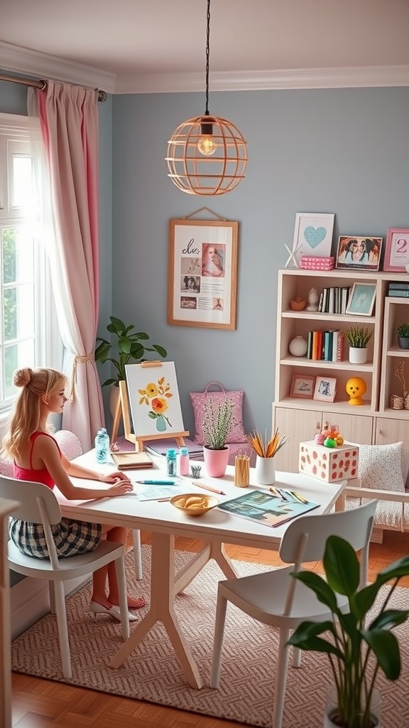 A bright and inviting craft station featuring a table with art supplies, a painting, and decorative elements.