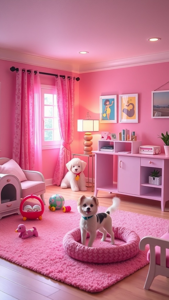 A vibrant pink pet corner featuring a small dog, toys, and cheerful decor.