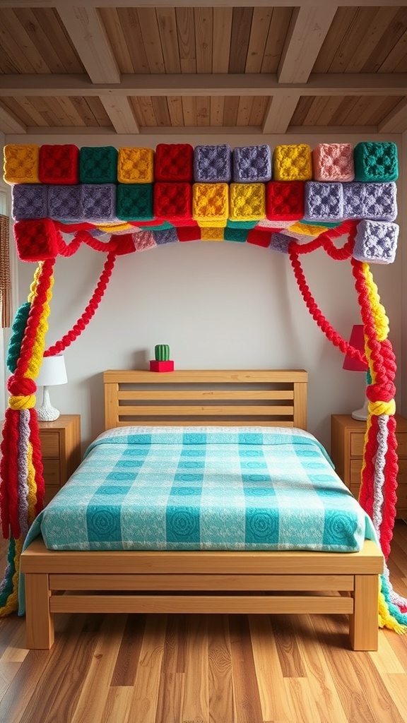 A Minecraft-themed bed canopy made with colorful wool blocks, draped with soft yarn, above a wooden bed.