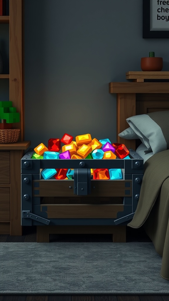 A bedside chest filled with colorful gems in a Minecraft-themed bedroom