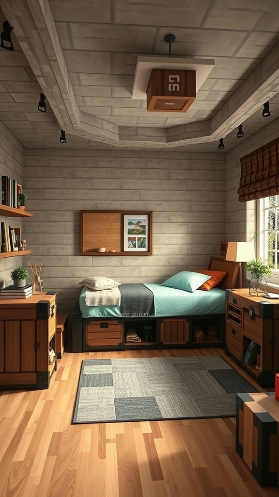 A cozy Minecraft-inspired bedroom with blocky storage solutions, featuring a bed, wooden cabinets, and shelves.