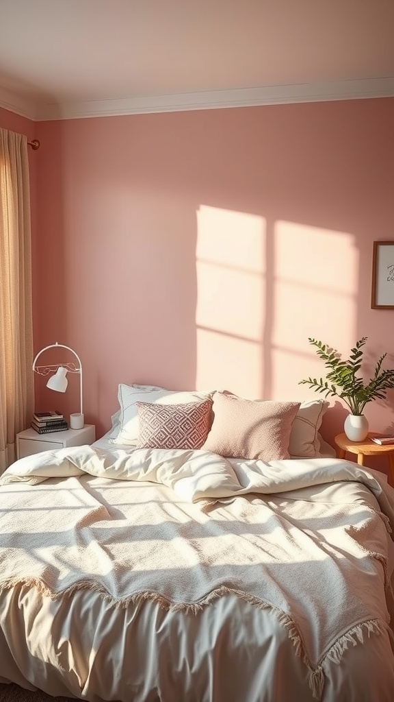A cozy bedroom with a blush pink accent wall, featuring a bed with soft pillows and a small plant on a nightstand.
