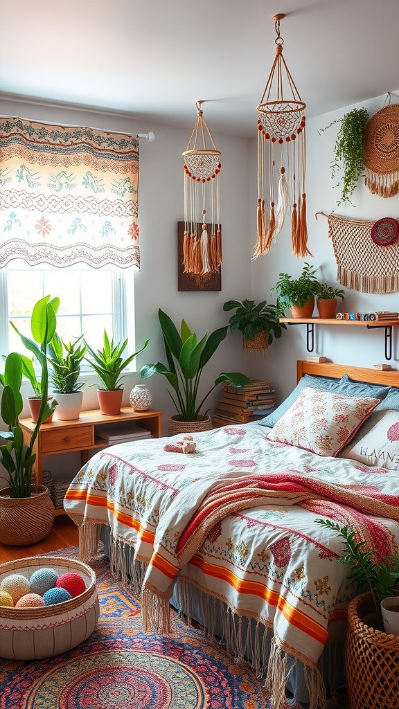 A cozy bohemian chic bedroom with colorful decor, plants, and a vibrant rug.