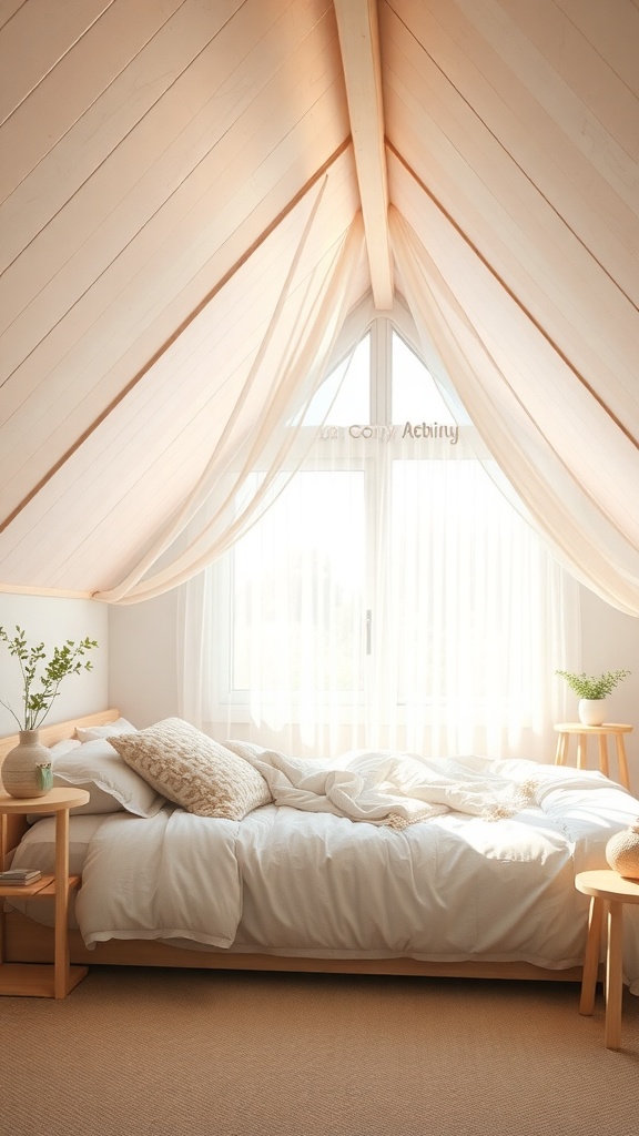 Bright and airy attic bedroom with light colors, featuring a cozy bed, wooden furniture, and natural light.