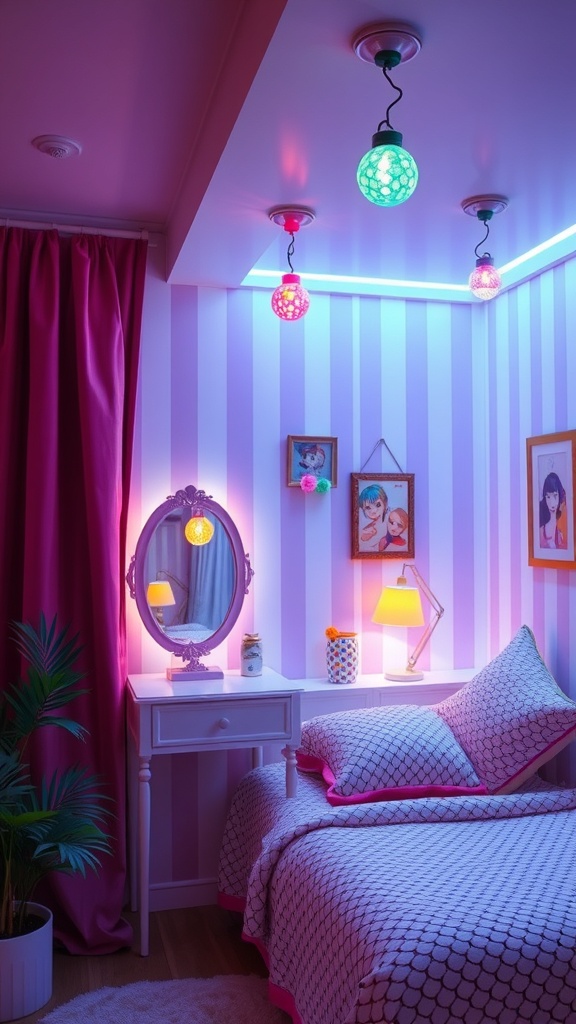 A colorful Barbie-themed bedroom with bright lighting fixtures, including hanging globes and a bedside lamp.