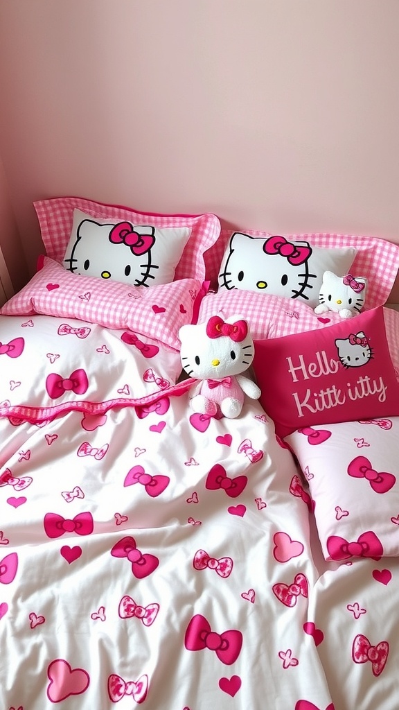 A Hello Kitty themed bedding set with pink and white colors, featuring pillows and a plush toy.