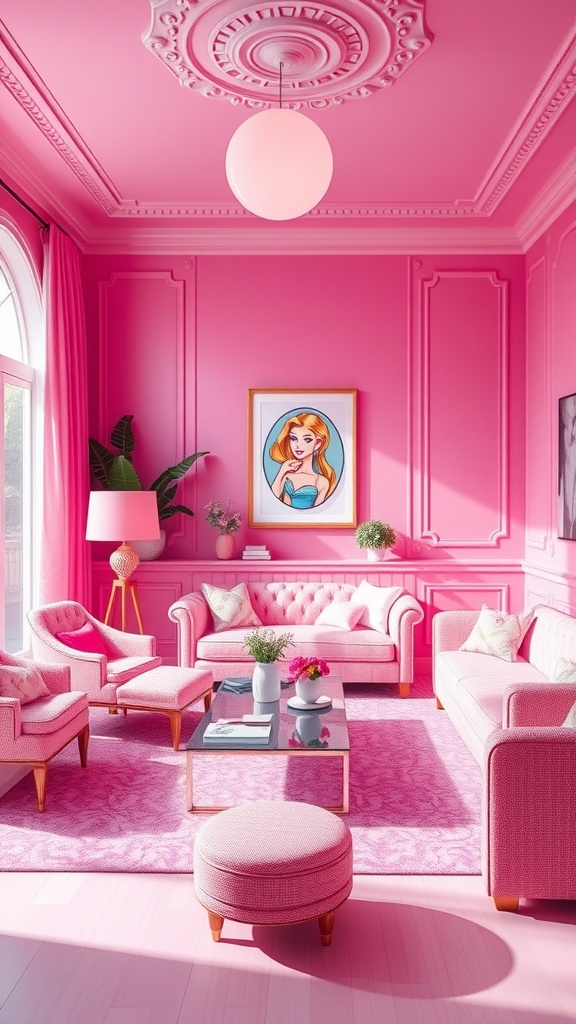 A chic living room designed in vibrant pink tones, featuring pink sofas, a rug, and artwork of Barbie.