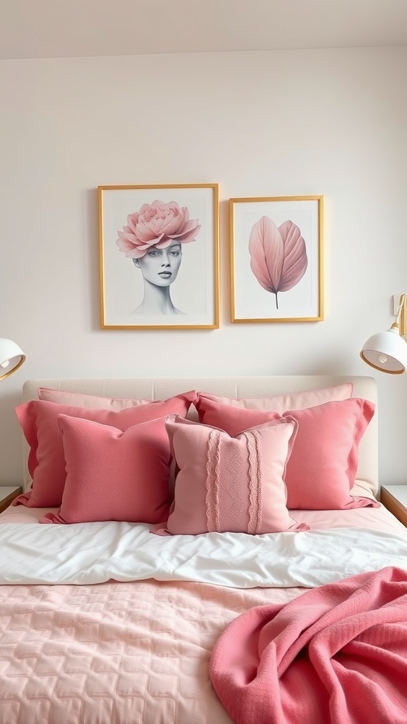 A chic pink bedroom with a bed covered in various pink pillows and framed artwork on the wall.