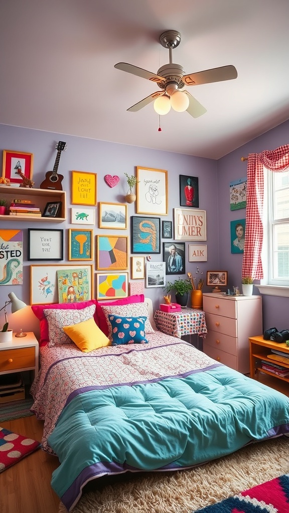 A colorful and eclectic teen girl bedroom featuring a lavender wall, a bed with patterned bedding, and a gallery of framed artwork.