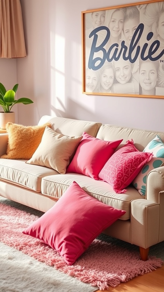 A cozy living room with a beige sofa adorned with colorful throw pillows in pink, orange, and neutral shades, complemented by a pink rug and a plant.