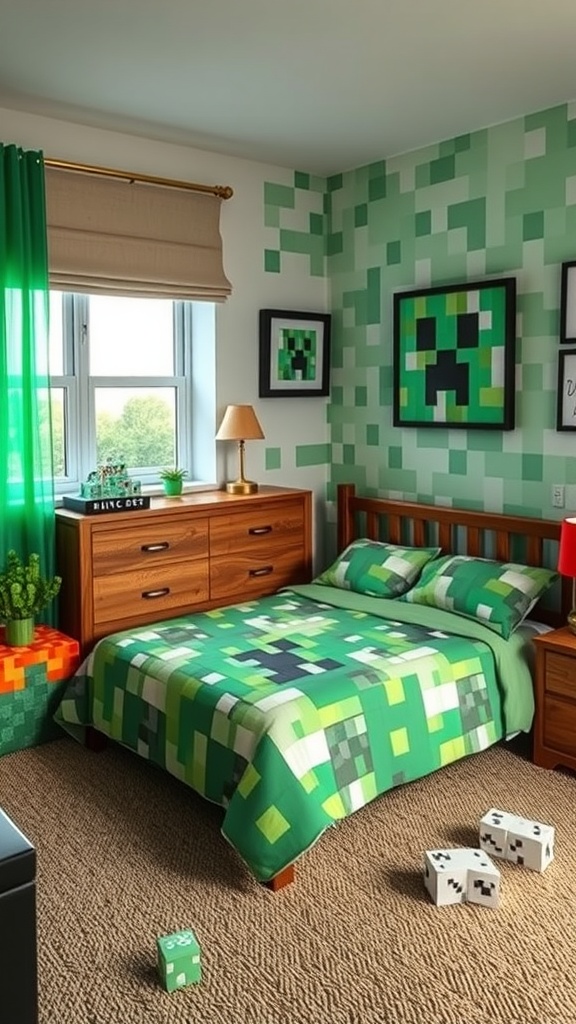 A Minecraft-themed bedroom with a cozy bed featuring a Creeper design, green pixelated walls, and wooden furniture.