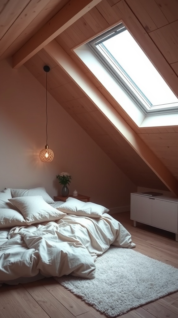 Cozy attic bedroom with skylights, soft bedding, and wooden beams.