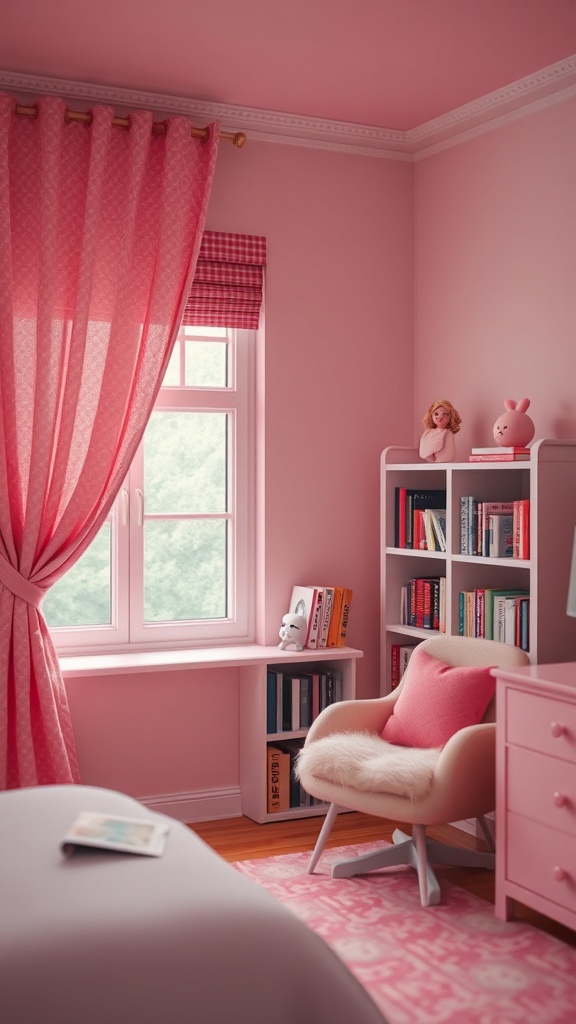 A cozy reading corner in a pink-themed bedroom featuring a comfortable chair, bookshelves, and soft curtains.