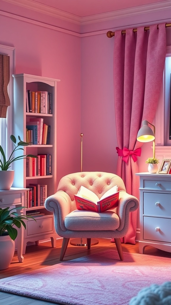 A cozy reading nook featuring a plush armchair, an open book, a bookshelf, and soft pink decor.