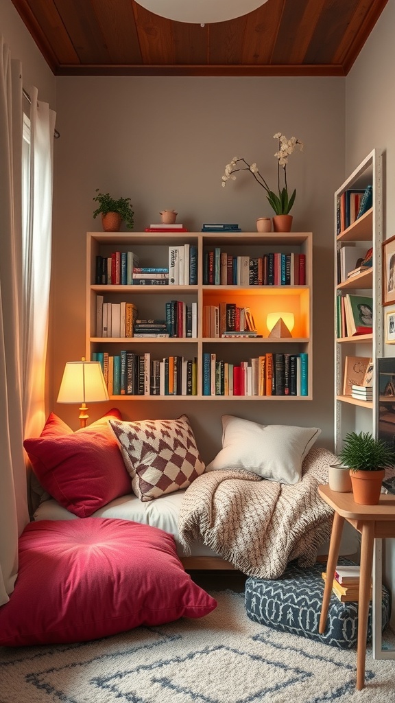 A cozy reading nook with pillows, a blanket, and a bookshelf filled with books.